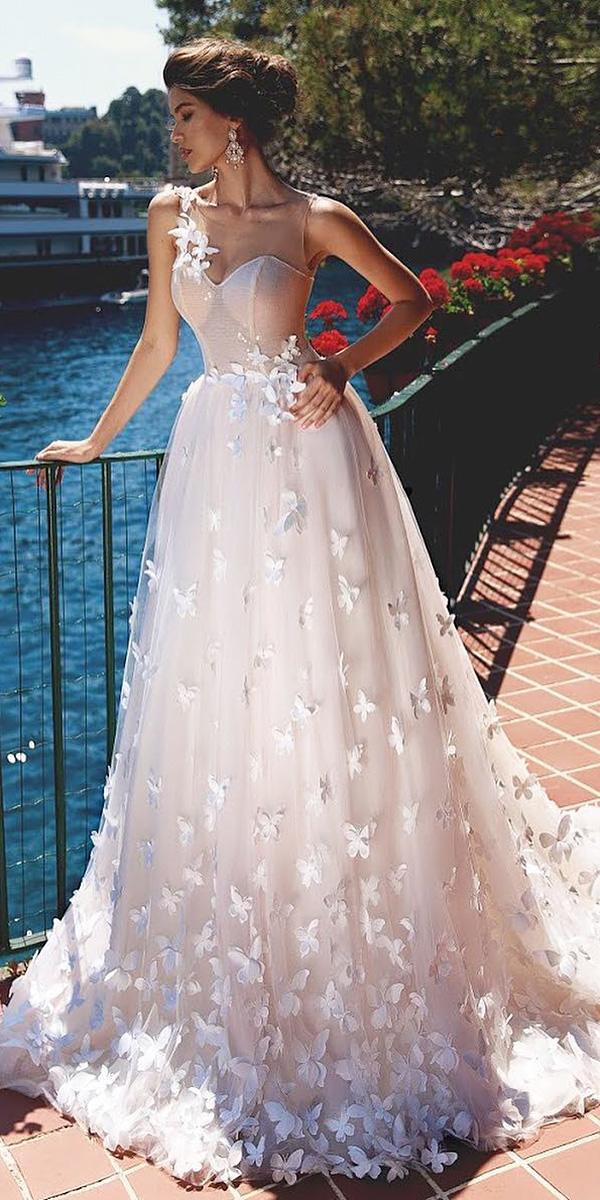 lace ball gown wedding dresses sweetheart one shoulder floral appliques viero bridal