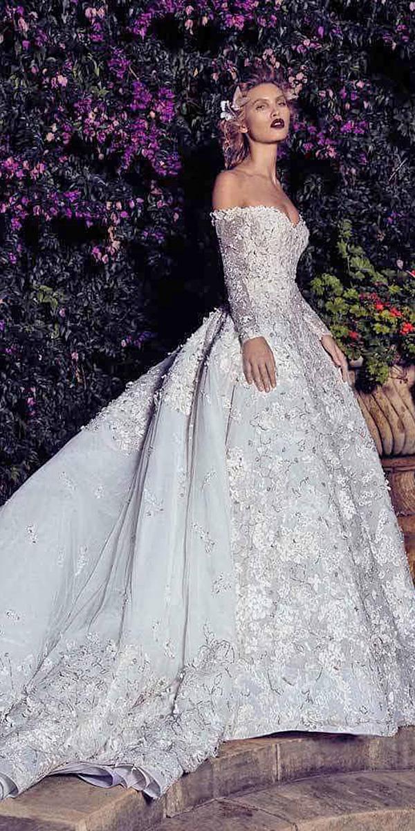 lace ball gown wedding dresses sweetheart with sleeves floral appliques with train saiid kobeisy