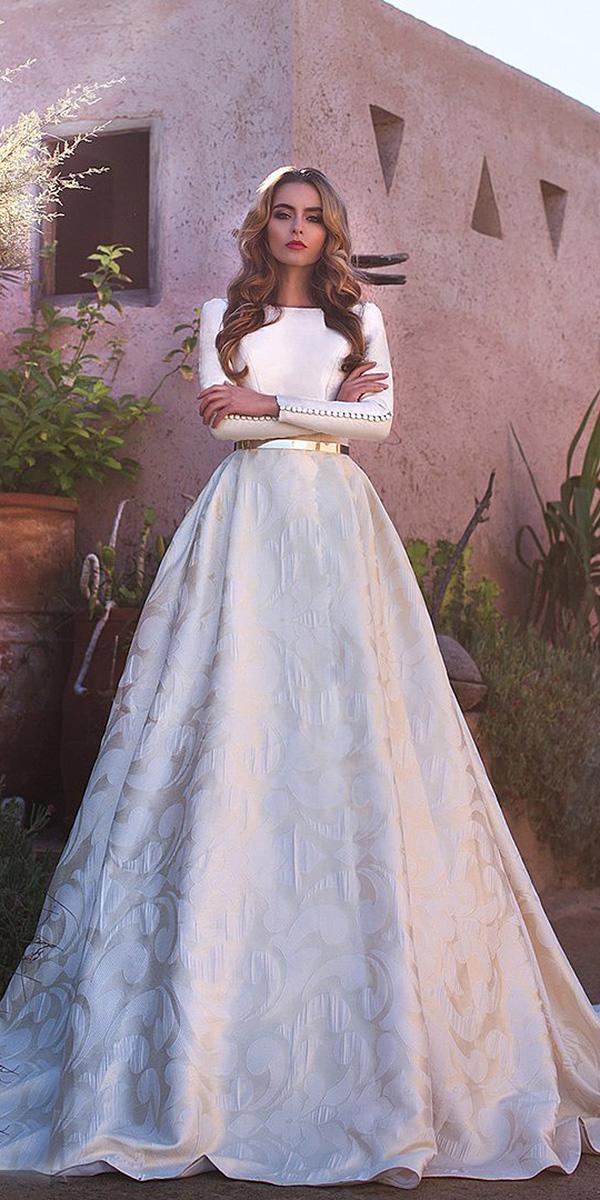 lace ball gown wedding dresses with long sleeves jewel neck gold belt floral embellishment lorenzo rossi