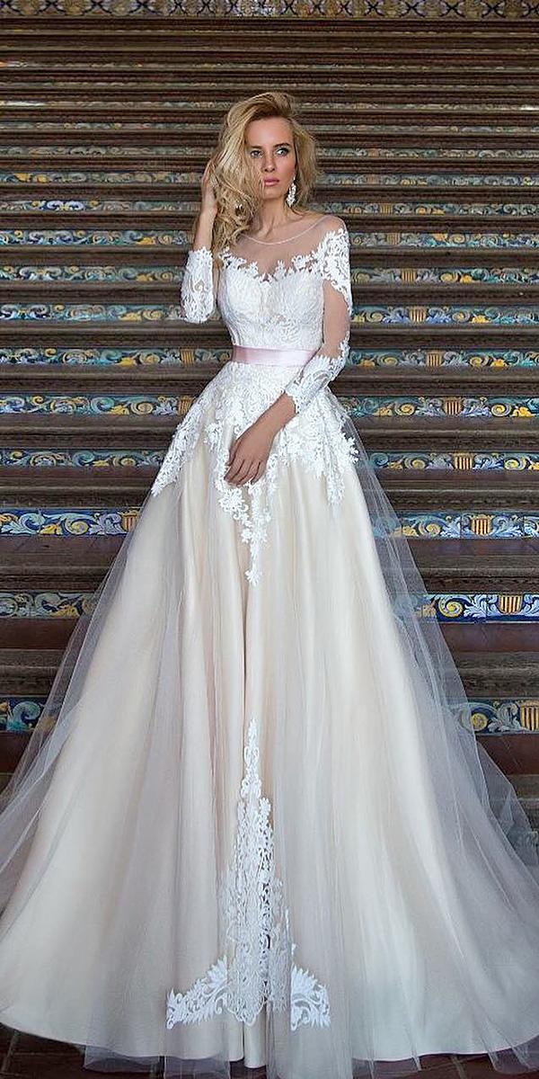 lace ball gown wedding dresses with long sleeves sweetheart rose belt oksana mukha