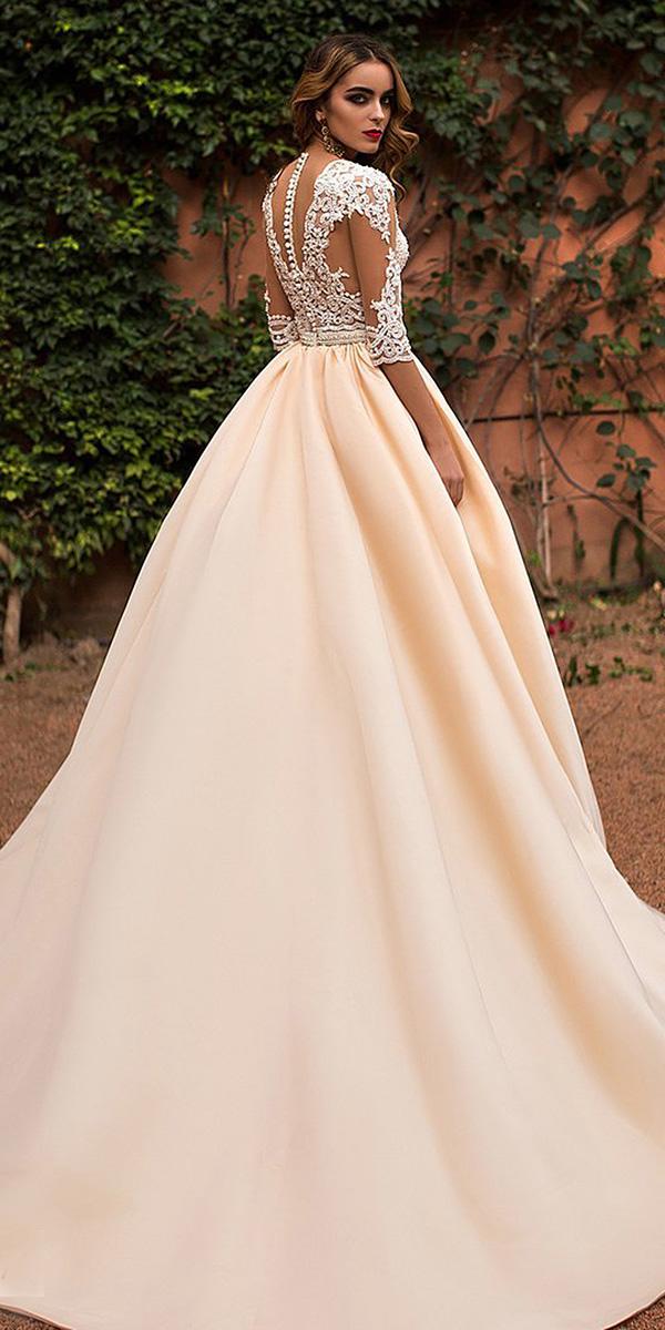 lace ball gown wedding dresses with three quote sleeves tatto effect back blush satin skirt lorenzo rossi