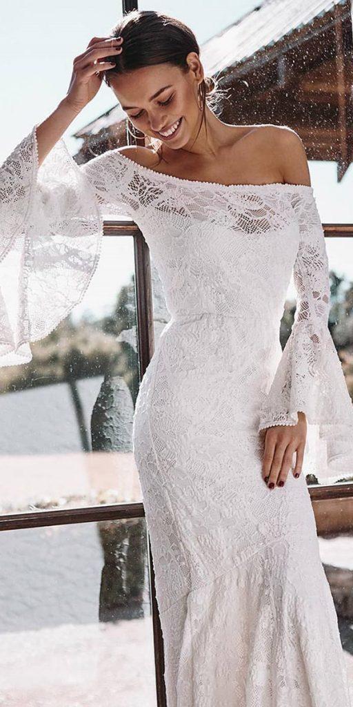 lace boho wedding dresses sheath with long sleeves off the shoulder lace grace loves lace