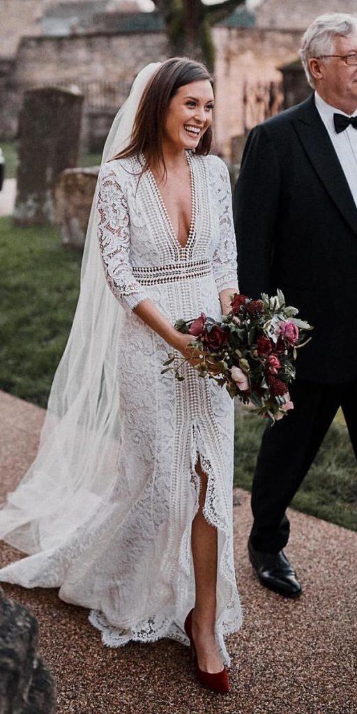 lace boho wedding dresses sheath with three quote sleeves slit benjaminwheeler