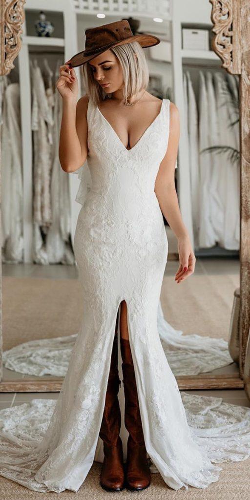 lace boho wedding dresses trumpet v neckline with slit boots hat cowboy the gc bridal lounge