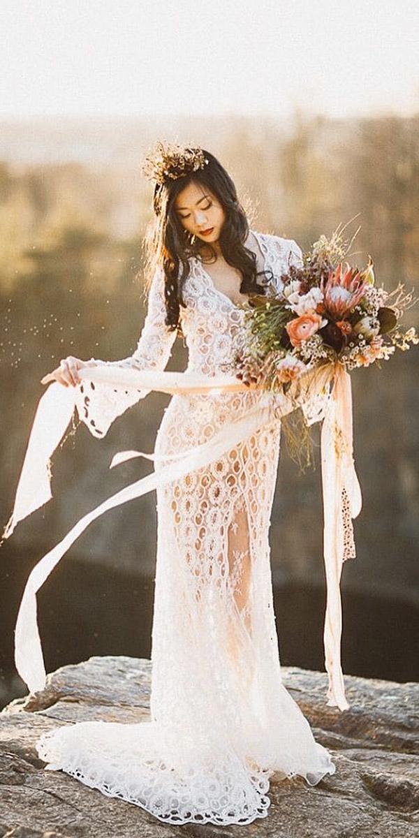 lace boho wedding dresses with sleeves v neckline vintage yolancris