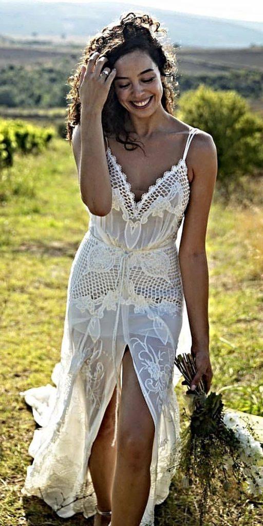 lace boho wedding dresses with spaghetti straps floral embellishment beach galia lahav