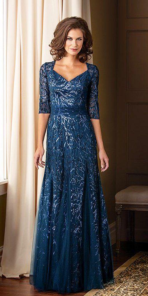 long mother of the bride dresses v neck with three quote sleeeves sequin blue jade couture