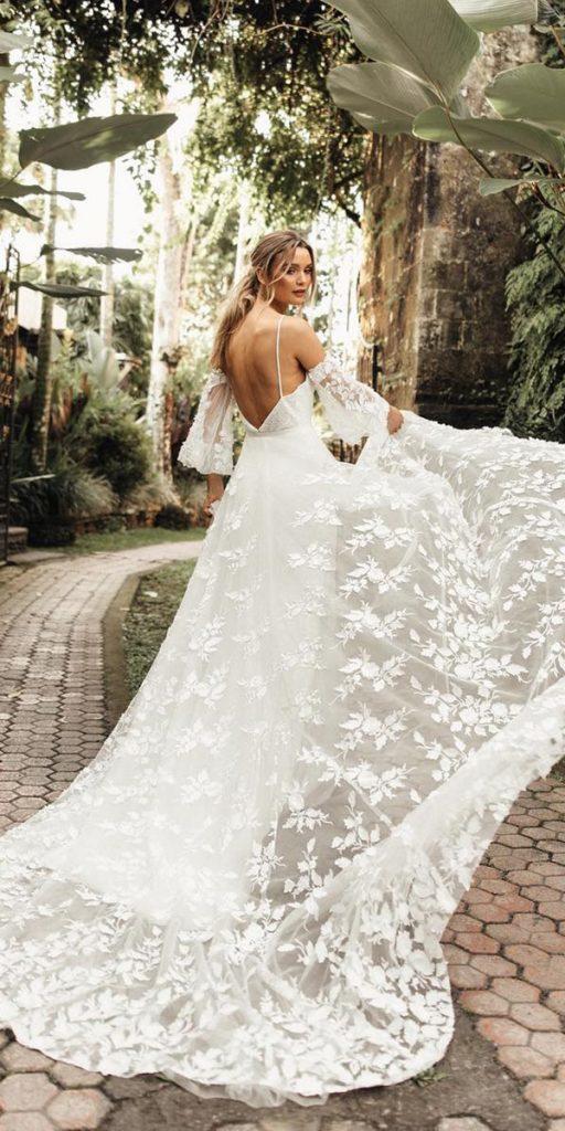 modern wedding dresses a line open back with detached sleeves floral tara lauren