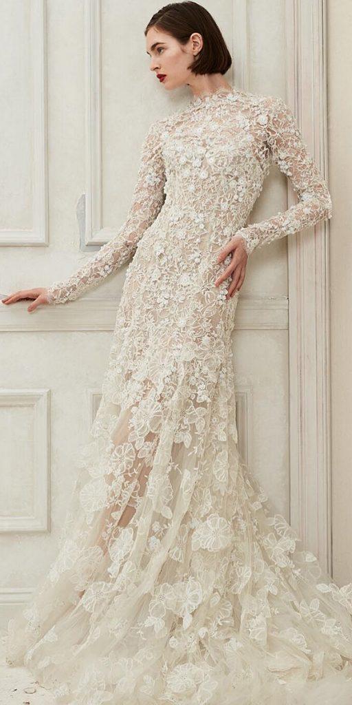 modern wedding dresses sheath with long sleeves floral appliques oscardelarenta