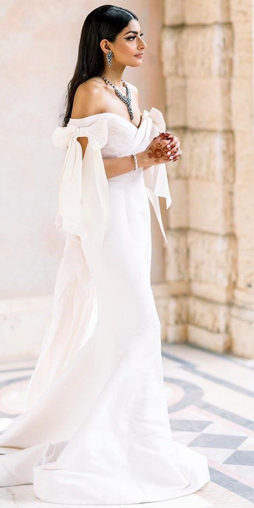  modern wedding dresses simple off the shoulder sweetheart with bow marchesafashion