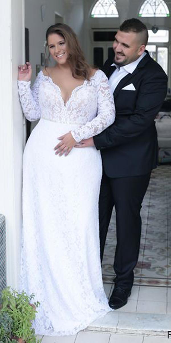 modest wedding dresse swith sleeves v neckline lace plus size studio levana