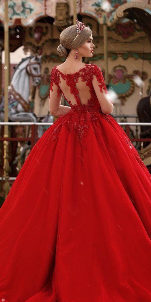 red wedding dresses ball gown with sleeves illusion back lace juxhinkurti