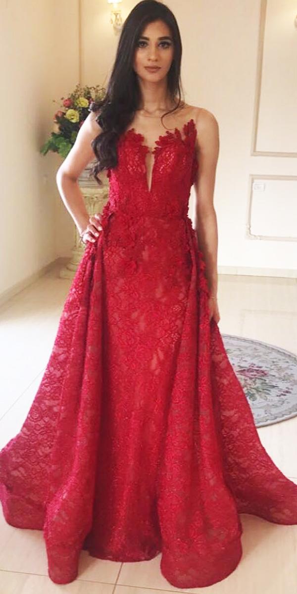 red wedding dresses sheath sweetheart overskirt full lace tarik ediz