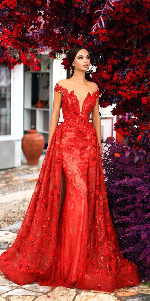 Red wedding dress with sweetheart neckline and lace details