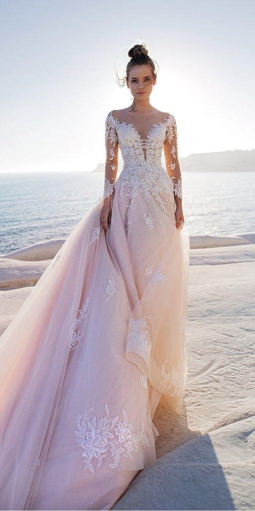 wedding dresses with lace sleeves a line illusion neckline blush with train lussanobridal