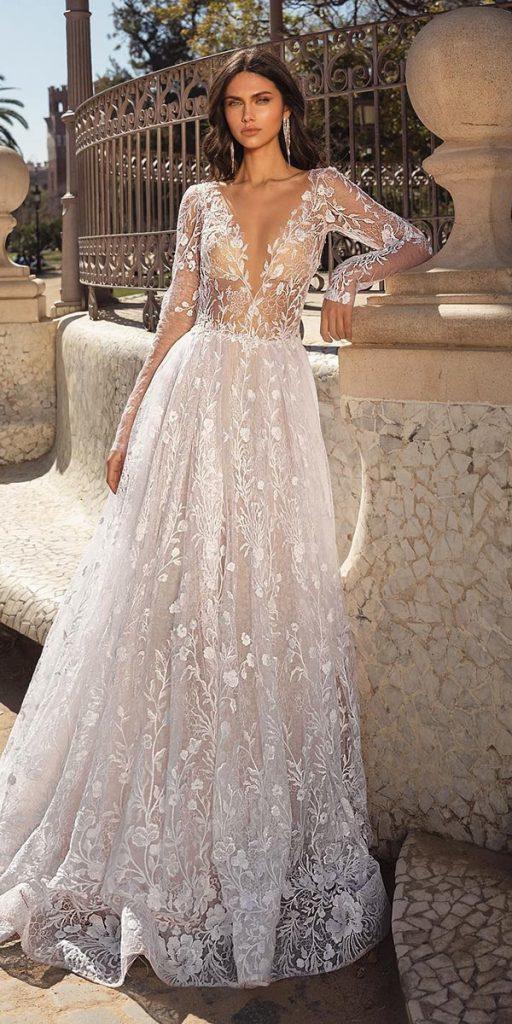  wedding dresses with lace sleeves a line illusion neckline floral julievino