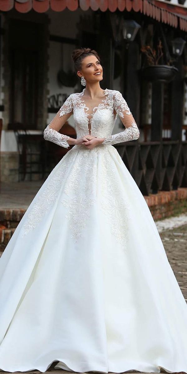 wedding dresses with lace sleeves ball gown plunging neckline andrra couture