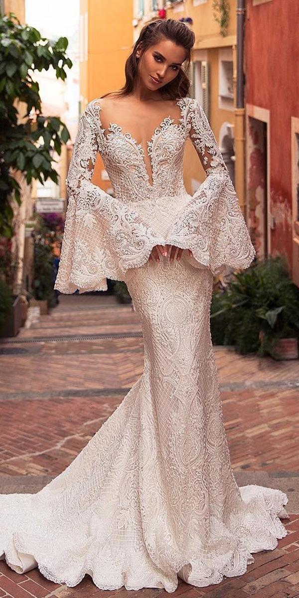wedding dresses with lace 'sleeves sheath deep v neckline luxury viero bridal