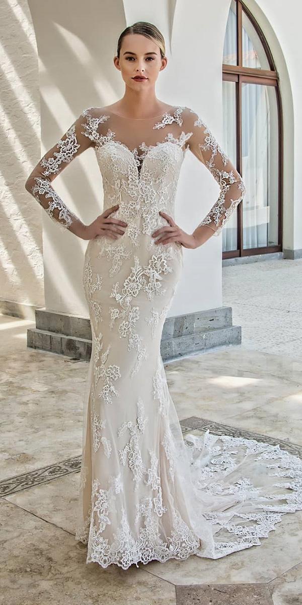  wedding dresses with lace sleeves sheath illusion neckline sweetheart enzoani