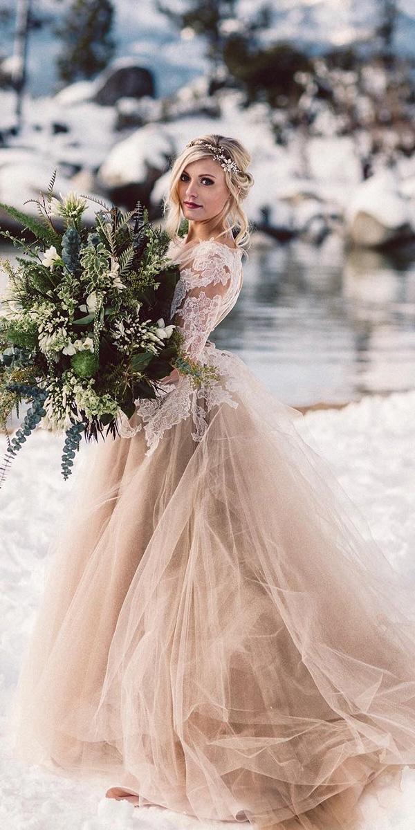 Ball Gown Beige with Long Sleeves and Tulle Skirt