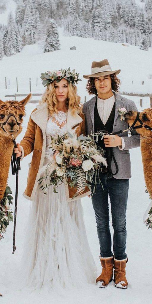 winter wedding dresses lace dresses with brown coat farbklang photo
