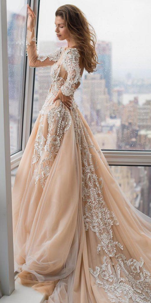 winter wedding dresses princess with long sleeves floral appliques beige pallas couture