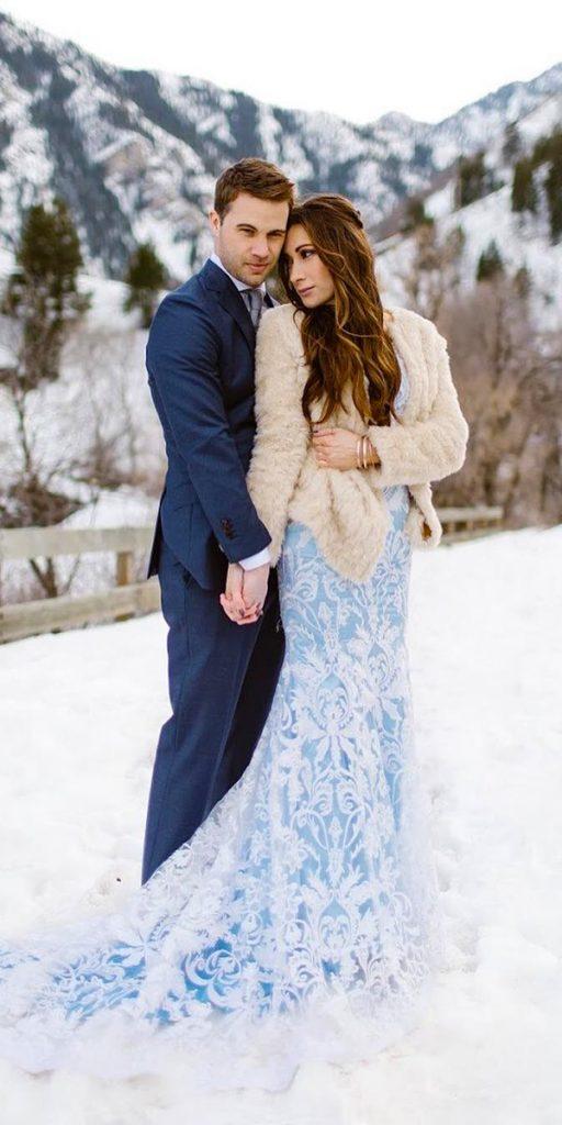 winter wedding dresses trumpet blue lace with fur elizabeth cooperdesign