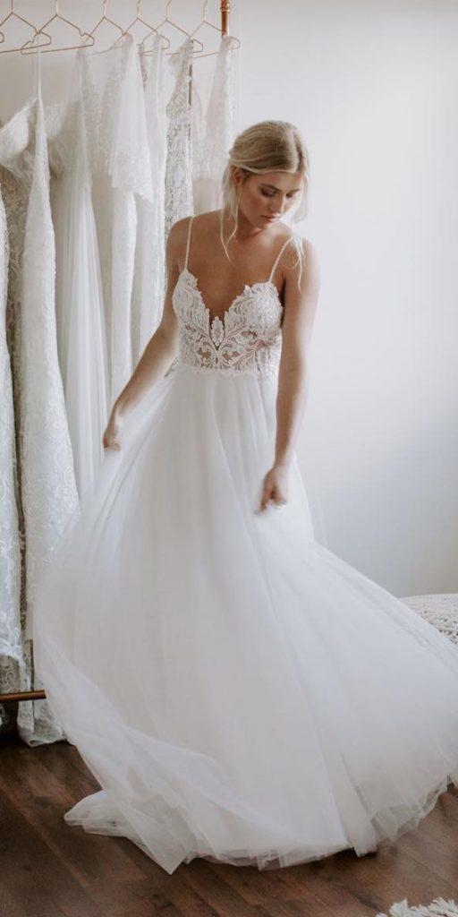 beach destination wedding dresses a line with spaghetti straps lace top madewithlovebridal