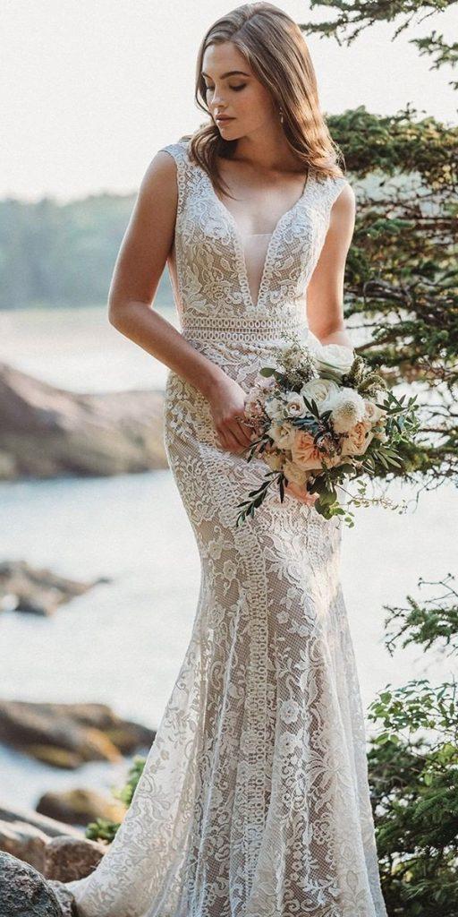  beach destination wedding dresses sheath plunging neckline lace sleeveless allurebridals