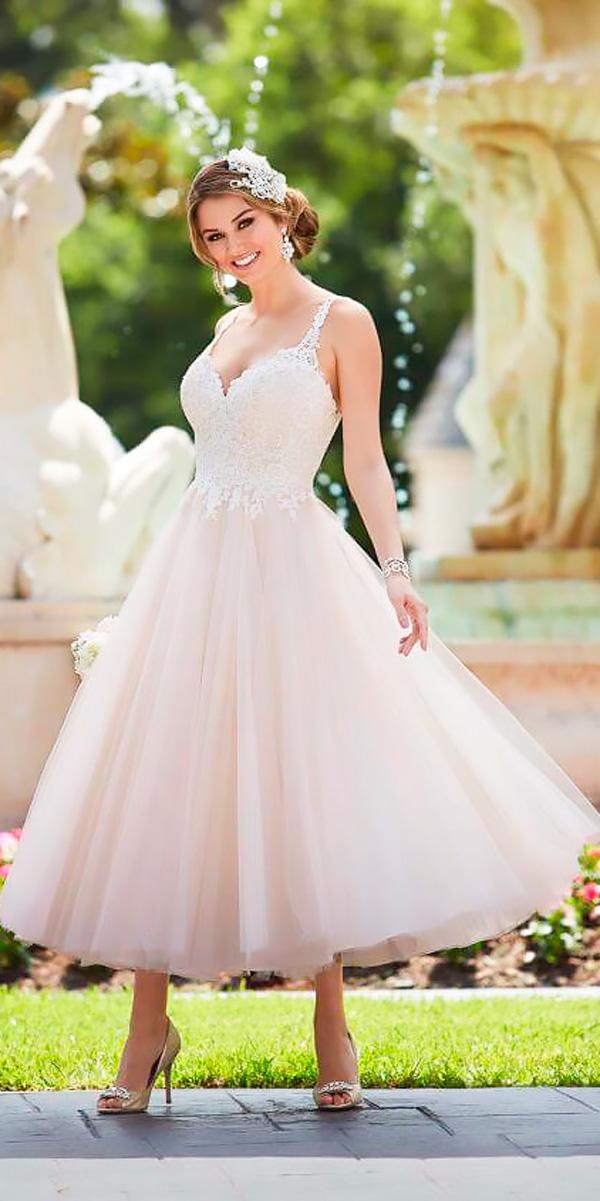 blush lace sweetheart with straps tea length wedding dresses stella york