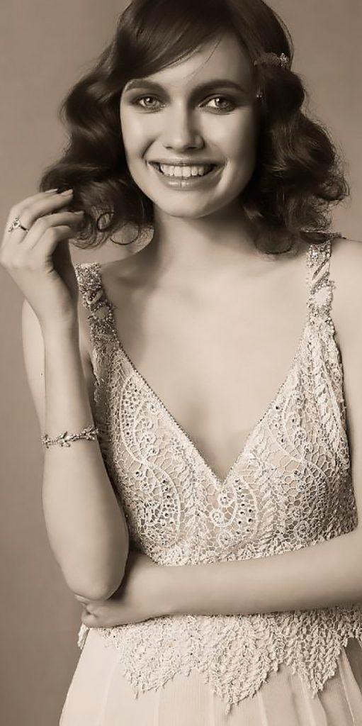 boho vintage wedding dresses v neckline with beaded bodice spaghetti straps hila gaon 14