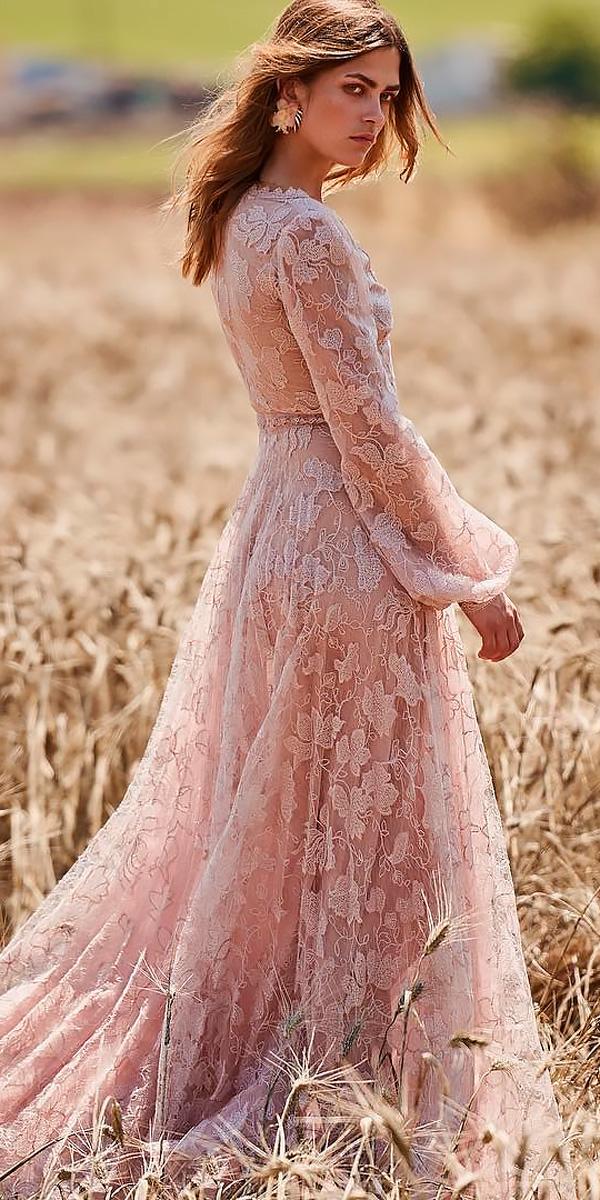 Boho wedding dresses with sleeves hippie blush a line floral christos costarellos Wedding