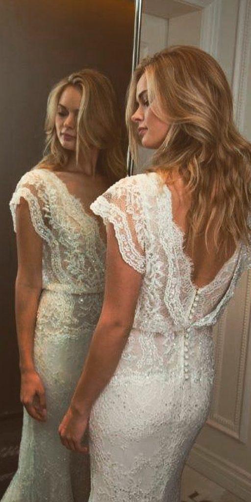 boho wedding dresses with sleeves v neckline lace sheath open back lihi hod