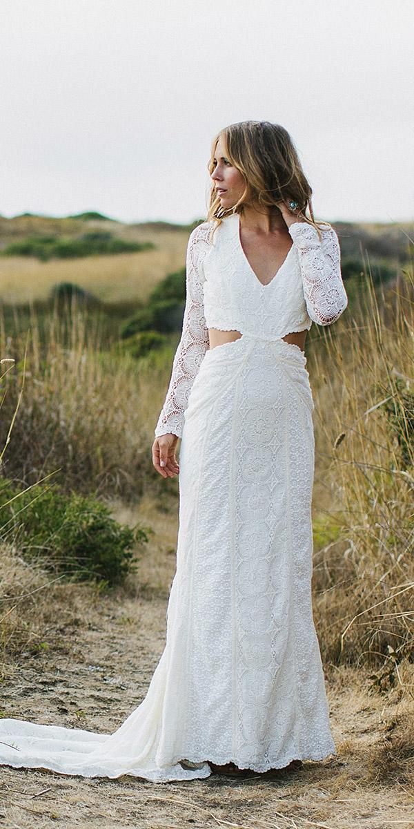 daughters of simone bohemian wedding gowns lace sleeves v neckline cut out