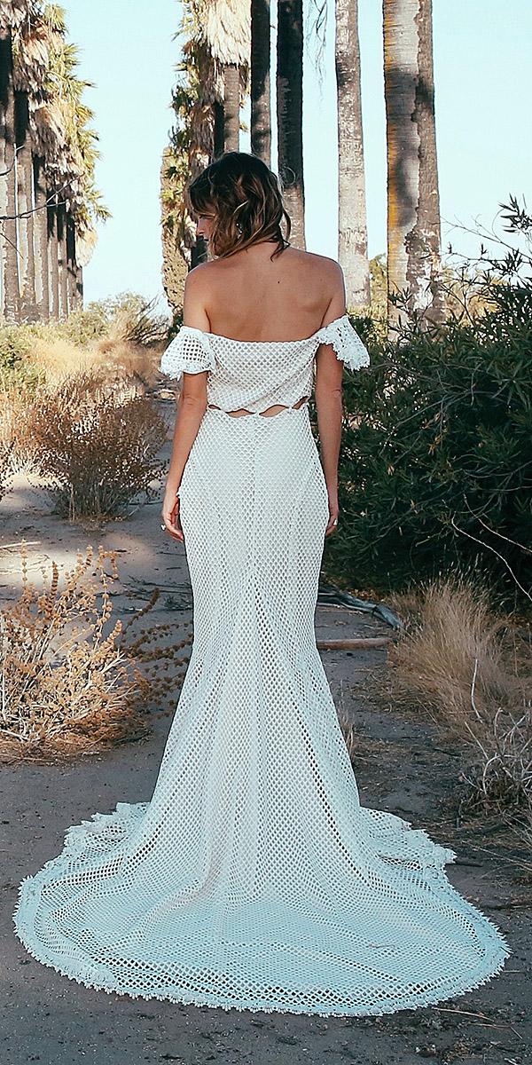 daughters of simone bohemian wedding gowns low Back crochet lace off the shoulder