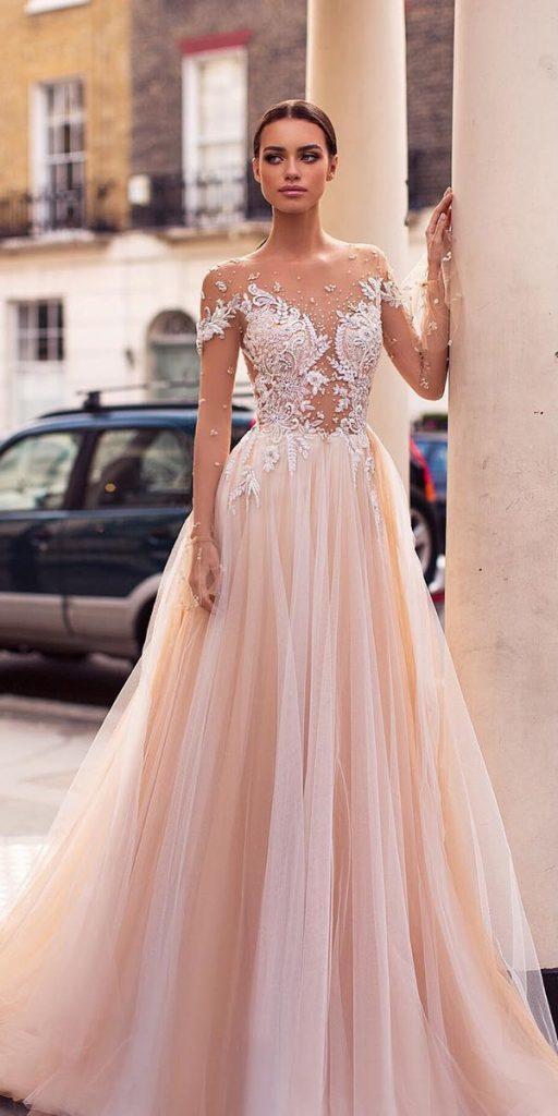 illusion long sleeve wedding dresses a line blush sequins top lace milla nova