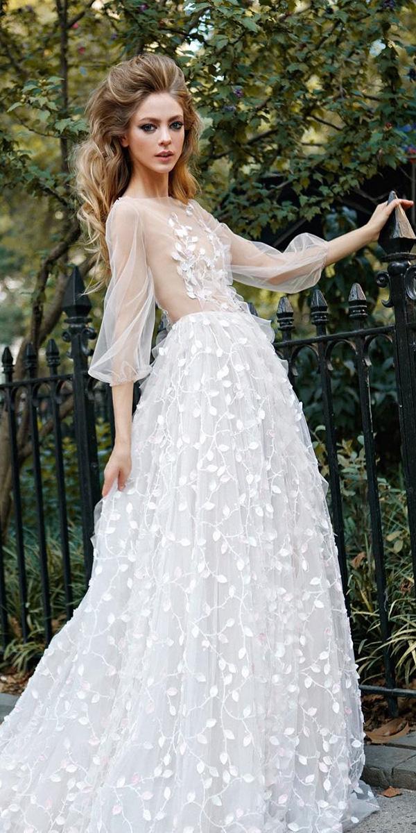 illusion long sleeve wedding dresses a line nude top floral appliques 2019 ange etoiles