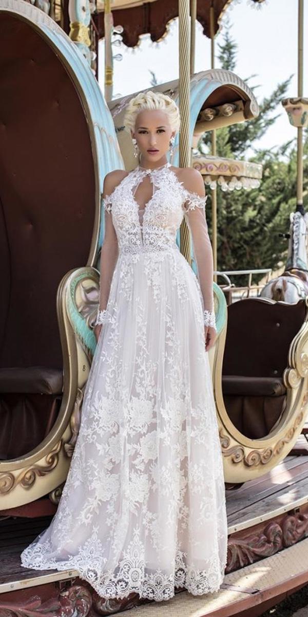 illusion long sleeve wedding dresses a line off the shoulder lace halter neckline daria kazlozi