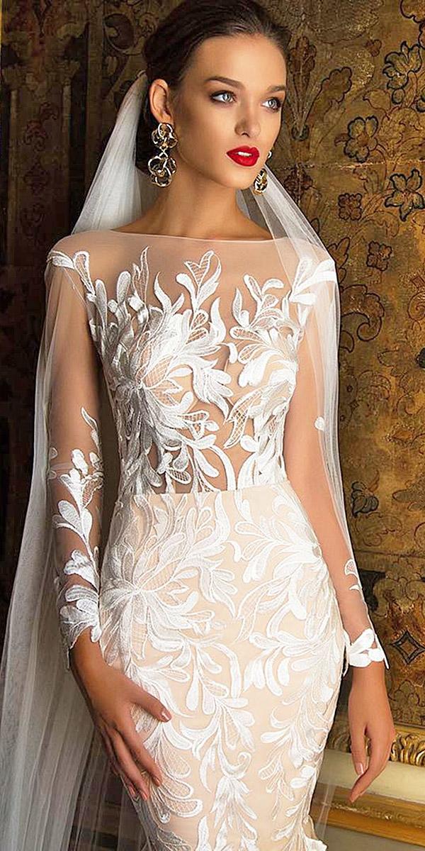 illusion long sleeve wedding dresses mermaid nude floral appliques milla nova