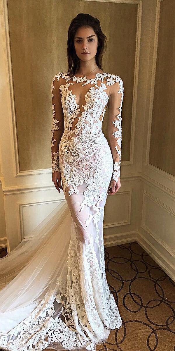 illusion long sleeve wedding dresses mermaid nude full lace with train berta