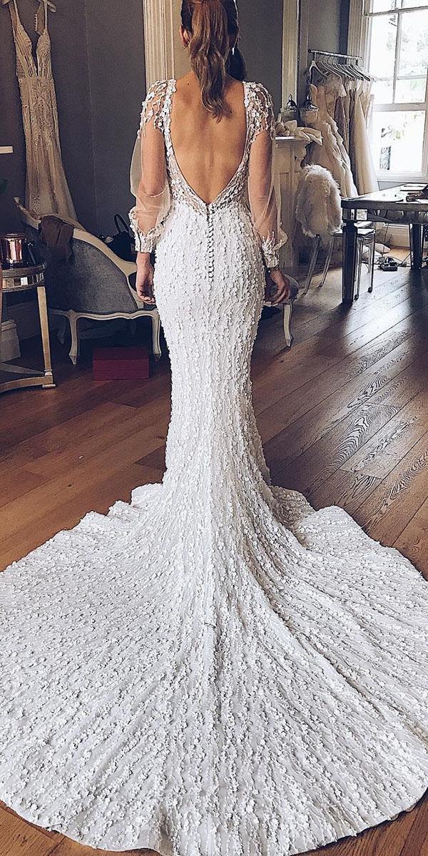 illusion long sleeve wedding dresses mermaid v back lace with train pallas couture