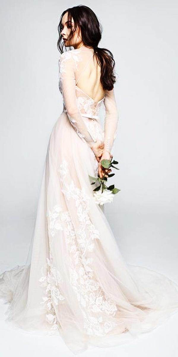 illusion long sleeve wedding dresses open back nude floral lace details papilio