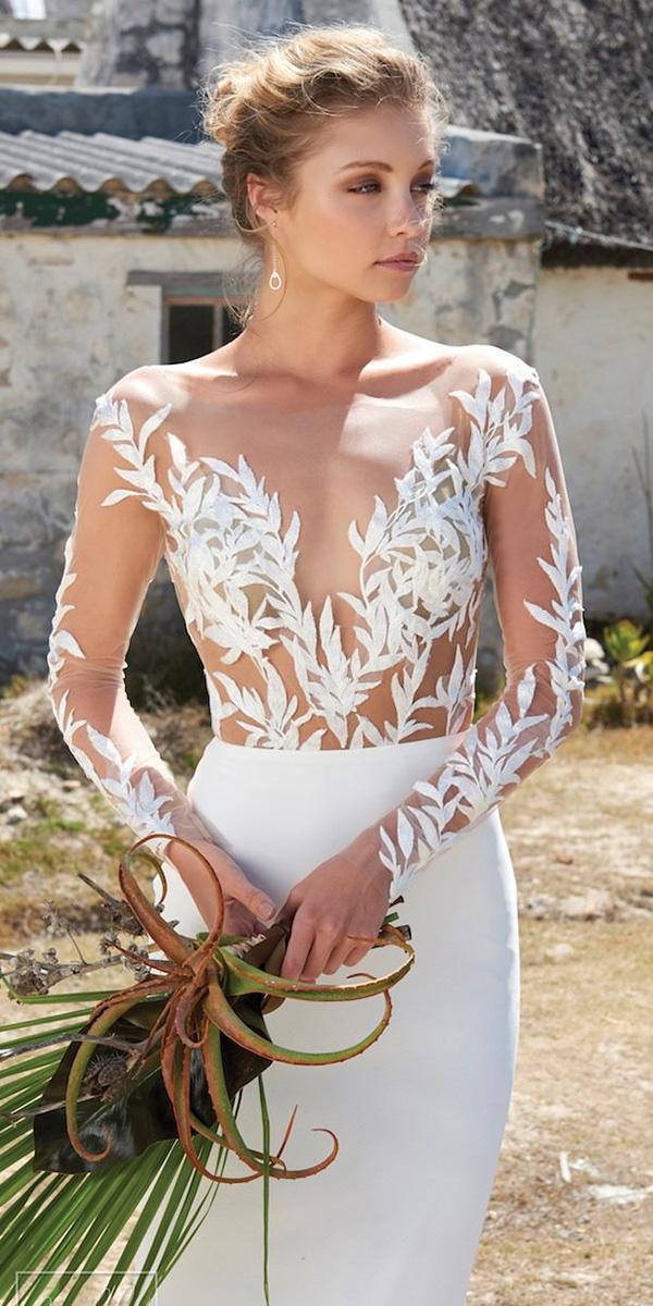 illusion long sleeve wedding dresses sexy floral top nude beach elbeth gillis