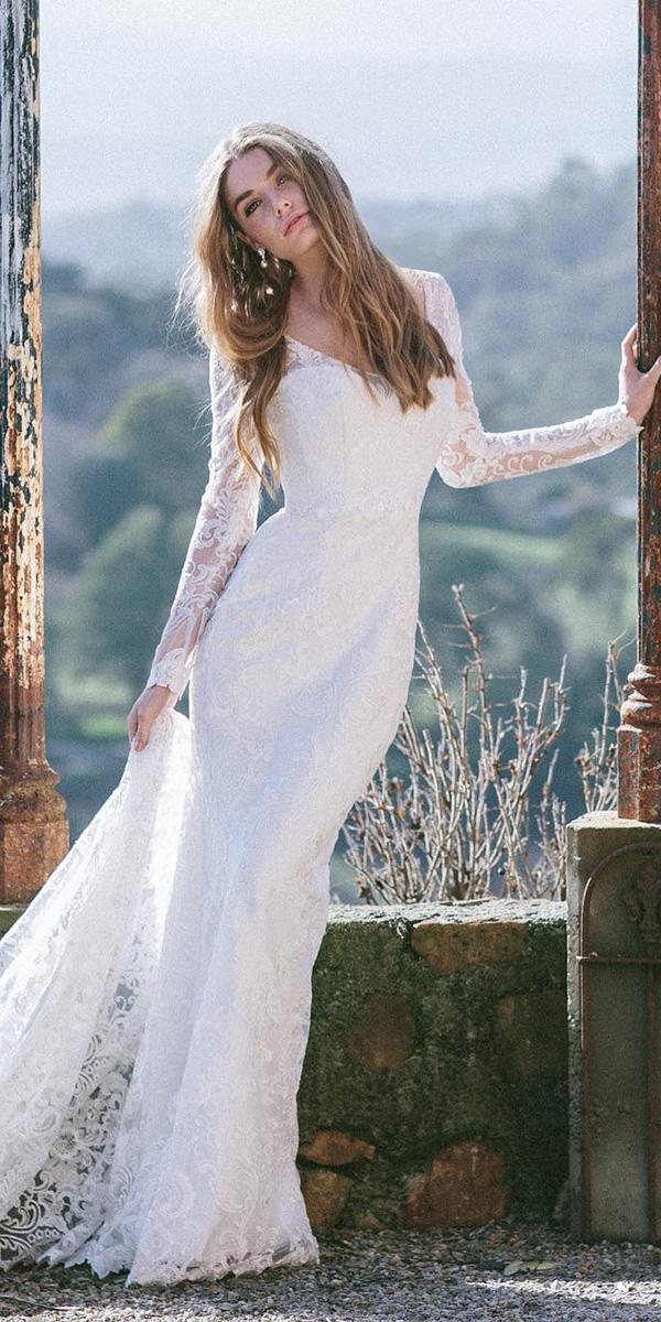 illusion long sleeve wedding dresses sheath full lace v neckline anna campbell