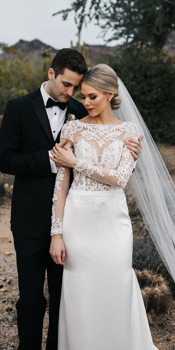 illusion long sleeve wedding dresses sheath lace top sexy demetrios