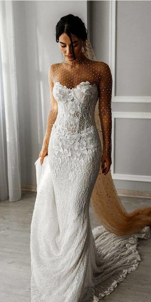 illusion long sleeve wedding dresses sheath nude illusion neckline lace galia lahav