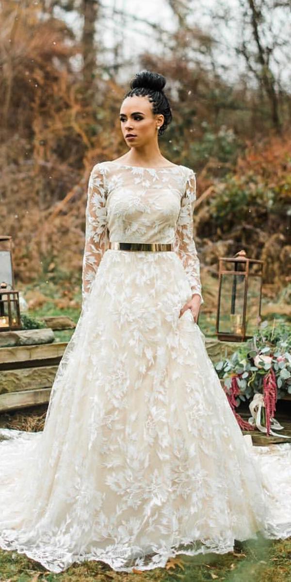 illusion long sleeves wedding dresses a line nude floral lace cristiano lucci bridal