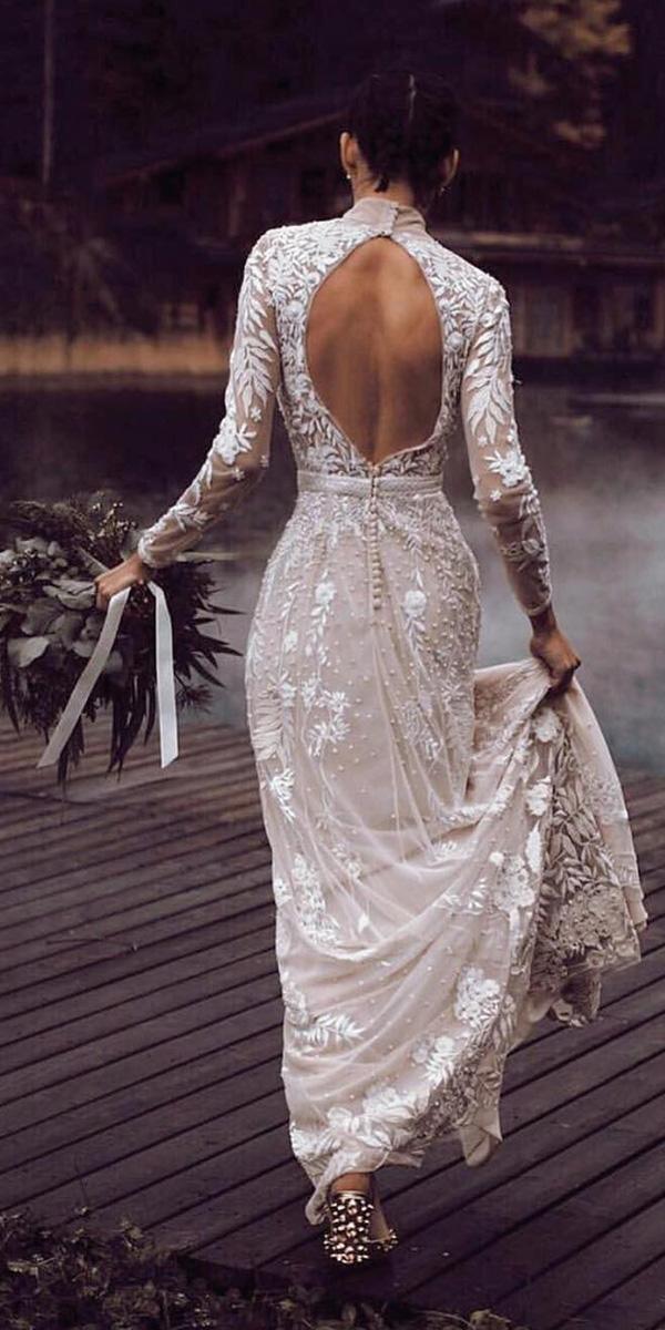 illusion long sleeves wedding dresses open back nude floral lace tali photography