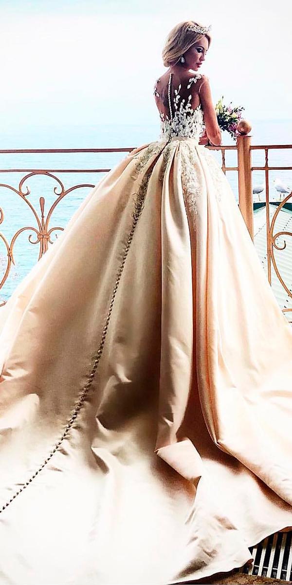 ivory ball gown lace illusion back cap sleeves with train princess wedding dresses crystal design