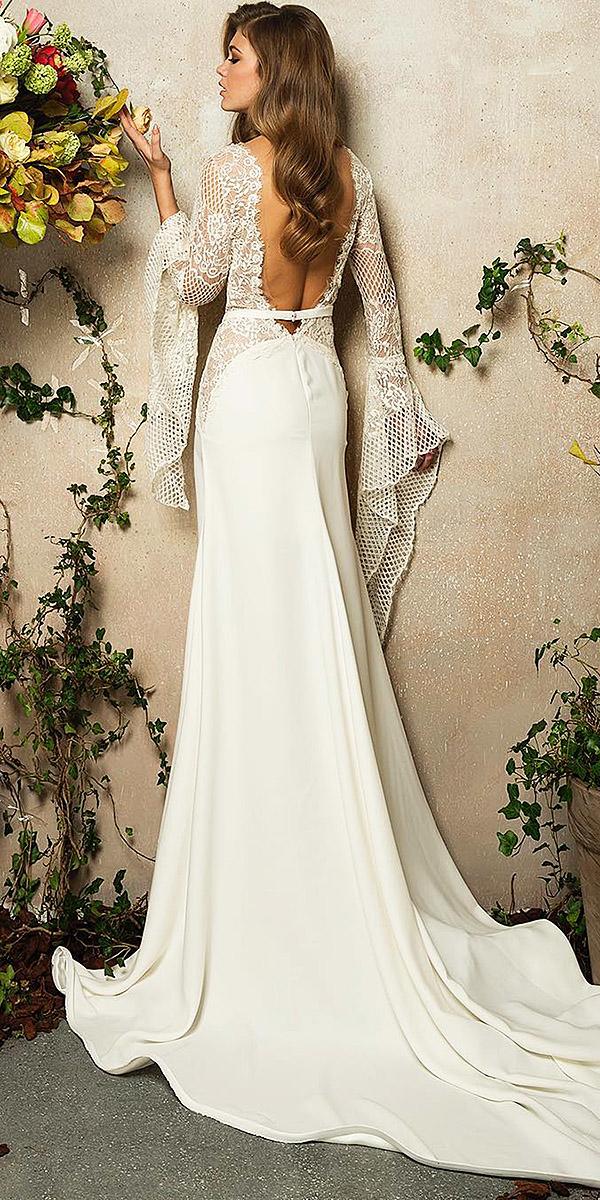 lace back wedding dresses with long sleeves satin skirt mina karan official